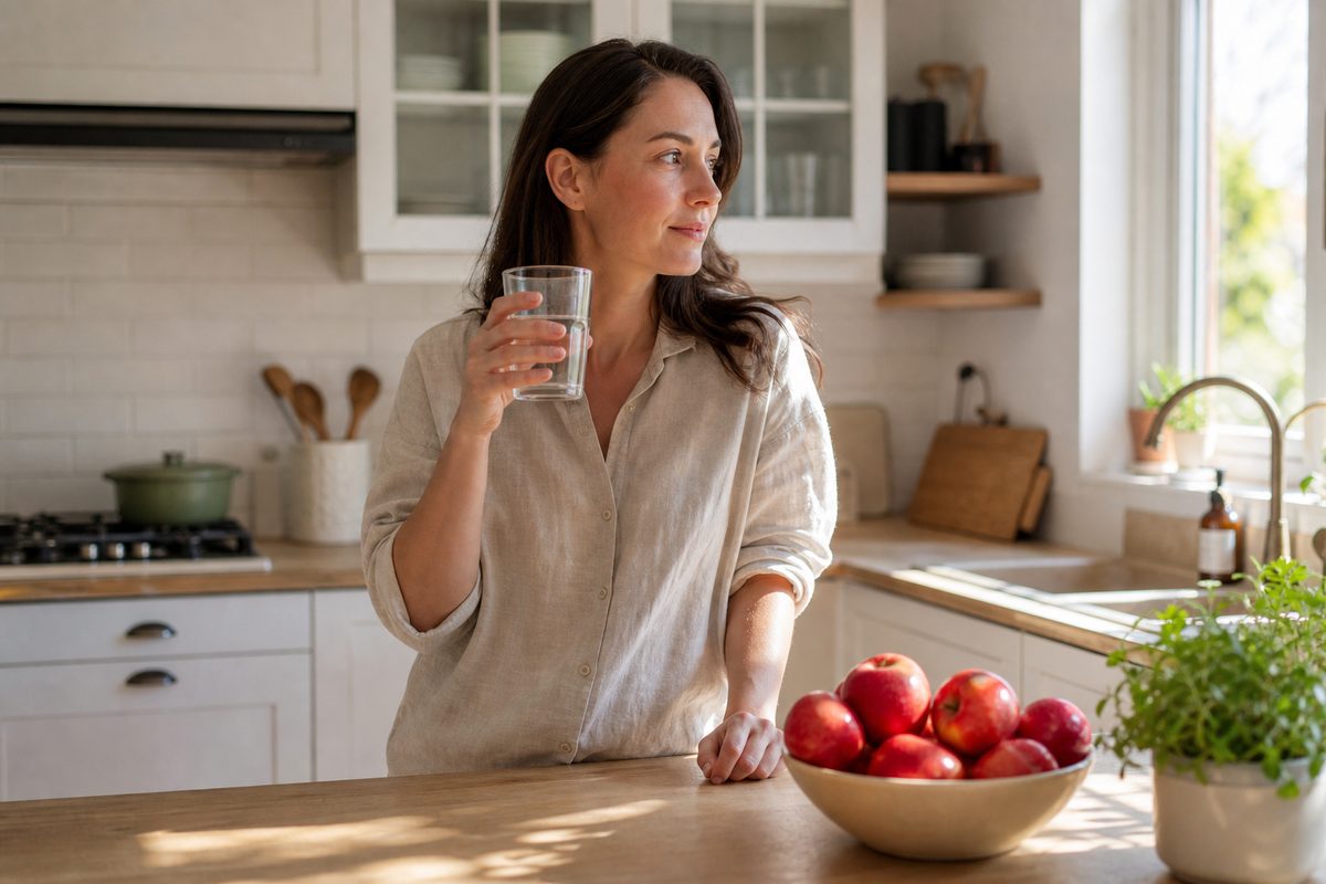 A woman in a sunlit kitchen with a glass of water and fresh apples