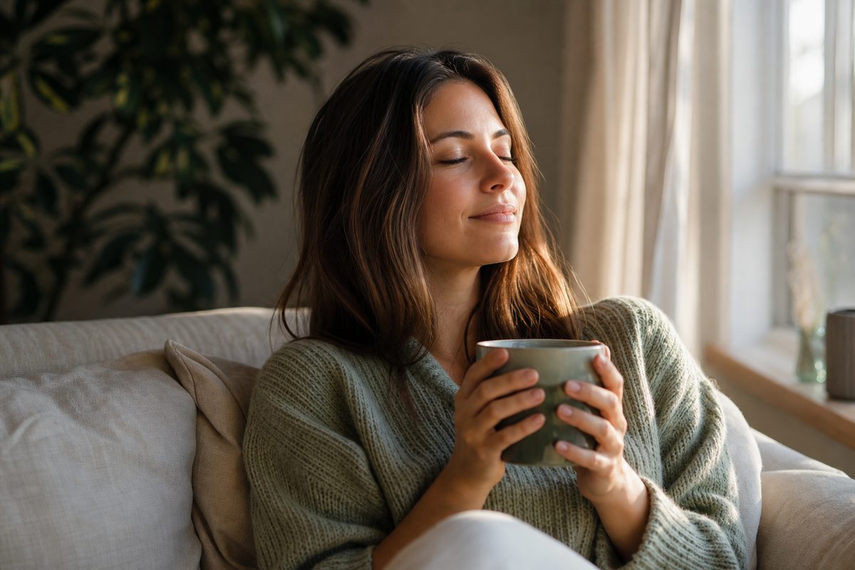 A woman relaxing on a sofa with a warm drink